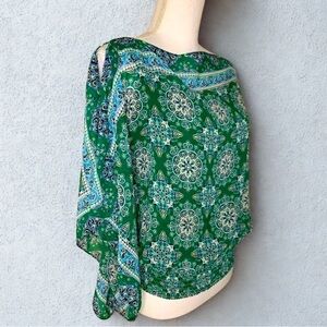 Max Studio Boho Batwing Floral Top Women Small Green